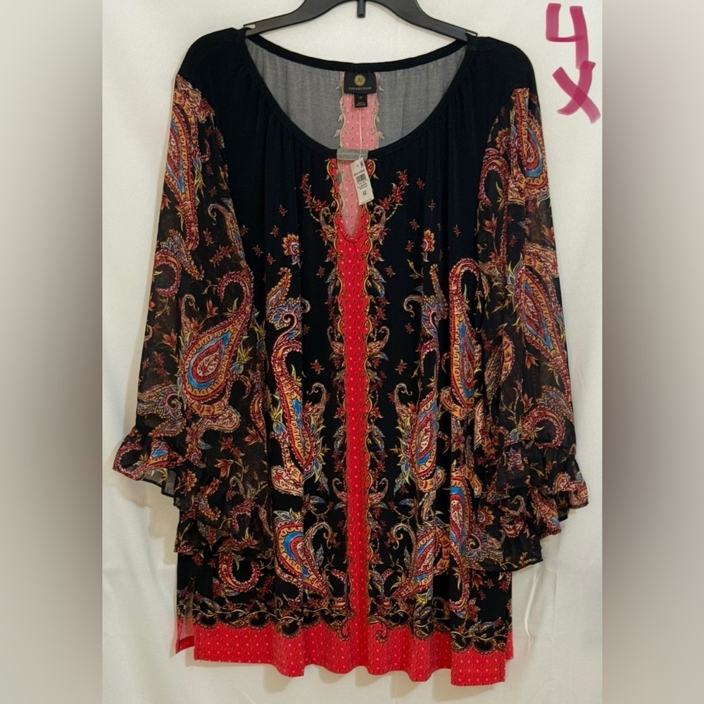 JM Collection Black and Red Paisley Blouse